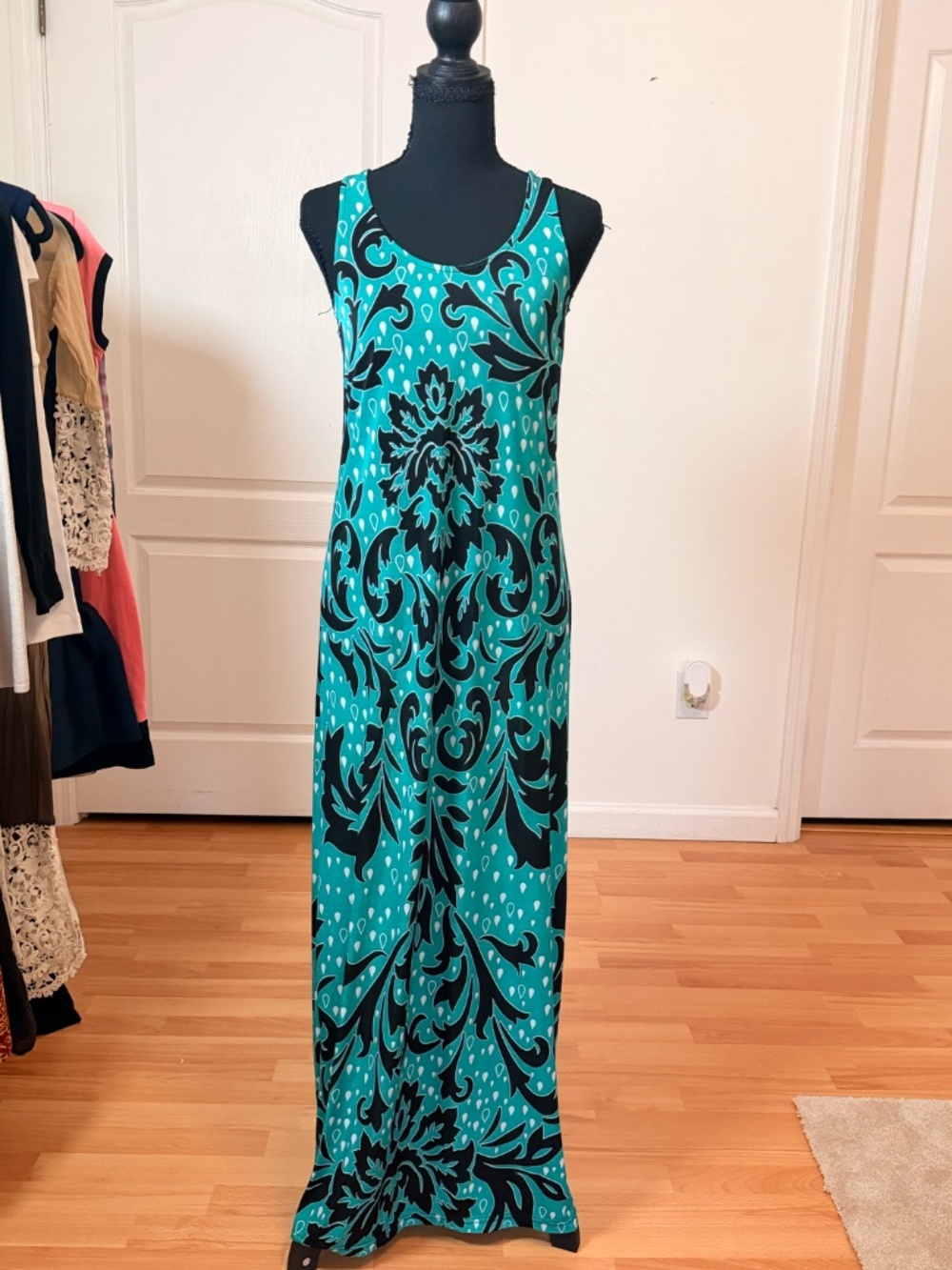 Just Love Boho Resort Turquoise & Black Damask Racerback Maxi Dress Sz M
